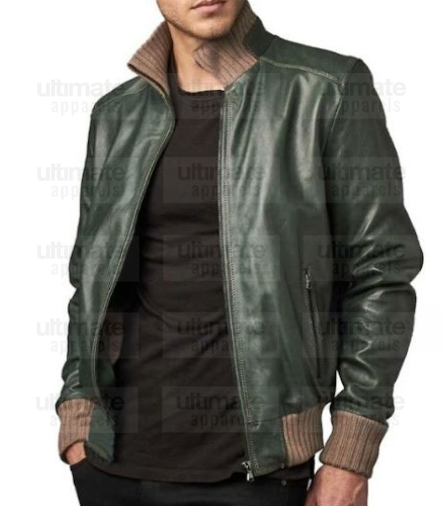 Men's Fashion Green Bomber Leather Jacket